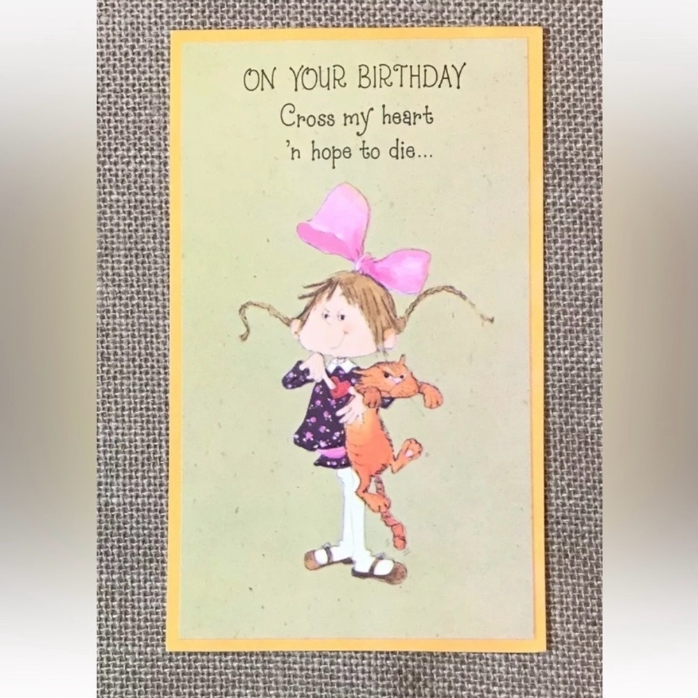 Vintage Used Birthday Card Girl Big Pink Bow Orange Cat 1980s Junk Journaling